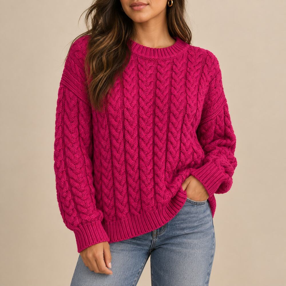 Vintage BASIX Fenn Wright Manson Magenta Cable Knit Cotton Sweater L